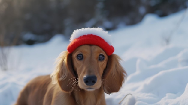 Um cachorro usando um chapéu vermelho e branco com a palavra inverno