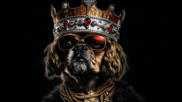 Um cachorro usando uma coroa com as palavras rei