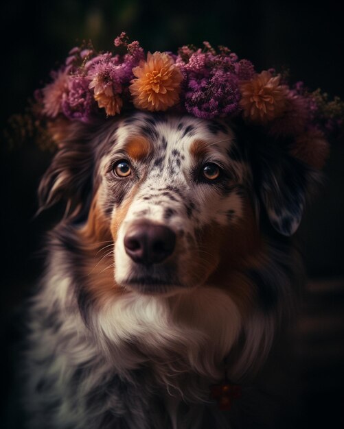 Um cachorro usando uma coroa de flores