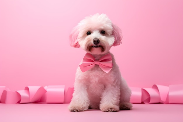 Foto um cachorro usando uma fita rosa demonstrando que a conscientização sobre o câncer de mama afeta todos os aspectos da vida