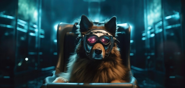 Um cachorro usando uma máscara e uma máscara está sentado em um carro futurista.