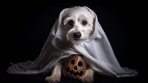 Um cachorro vestido de fantasma coberto por um lençol branco