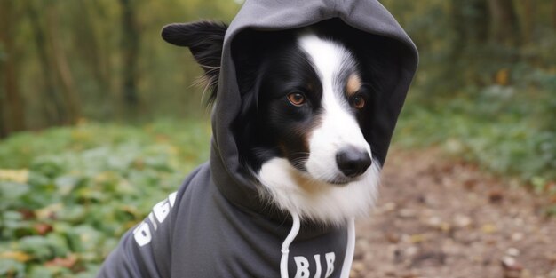 Um cachorro vestindo um moletom que diz bj nele.