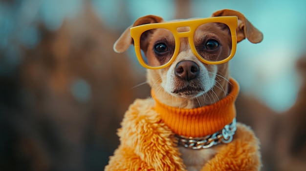 um cachorro vestindo um suéter amarelo com um sueter amarelo nele