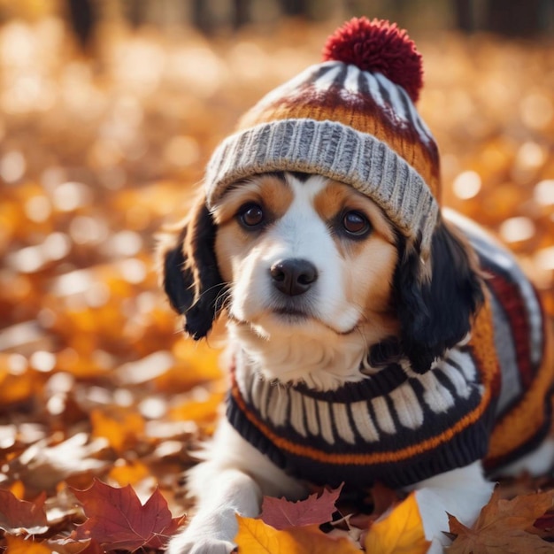Um cachorro vestindo um suéter quente e um chapéu pronto para o outono