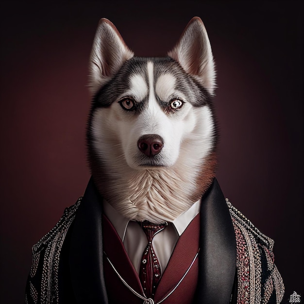 Um cachorro vestindo um terno e um casaco que diz "a palavra cachorro".