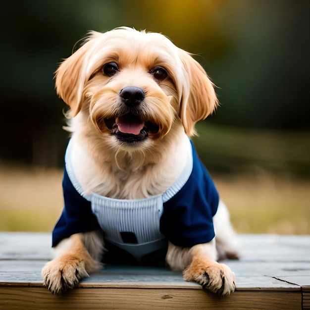 Um cachorro vestindo uma camisa azul que diz 'eu sou um cachorro'
