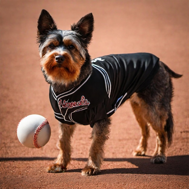 um cachorro vestindo uma camisa preta de beisebol em um estádio com uma bola