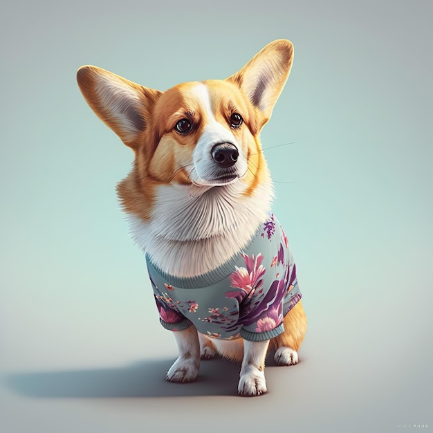 Um cachorro vestindo uma camisa que diz 'corgi'on it