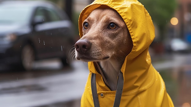 Um cachorro vestindo uma capa de chuva amarela com a palavra chuva