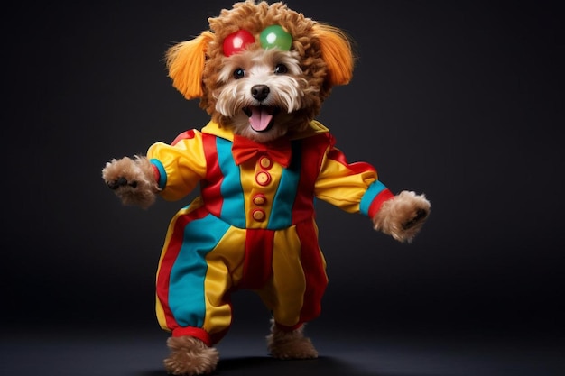 Um cachorro vestindo uma fantasia de palhaço com uma camisa que diz "poodle" nela.