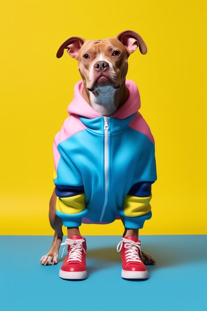 Foto um cachorro vestindo uma roupa colorida