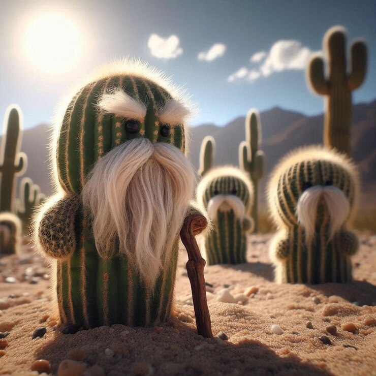 Foto um cacto com barba e bigode está no deserto.