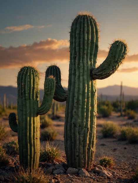 Um cacto com um pôr-do-sol no fundo