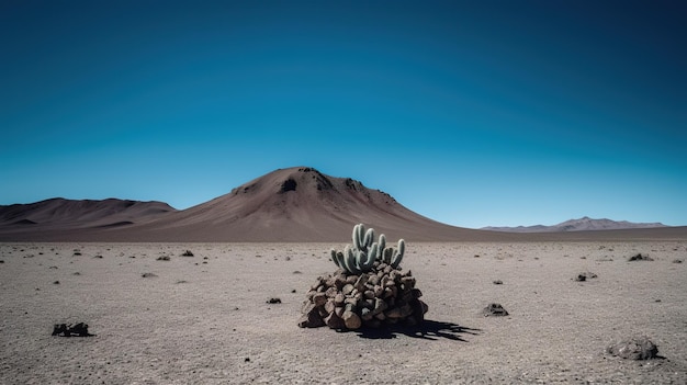 Um cacto em um deserto com uma montanha ao fundo