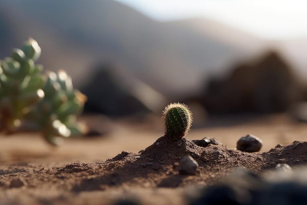 Um cacto no deserto com montanhas ao fundo