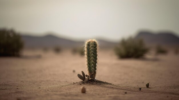 Um cacto no deserto com montanhas ao fundo.