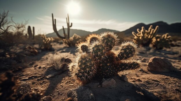 Um cacto no deserto com o sol se pondo atrás dele