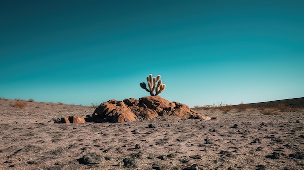 Um cacto no deserto com um céu azul ao fundo