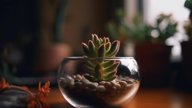 Um cacto suculento de jelly bean plant em uma tigela de vidro transparente como planta ornamental de decoração de quarto