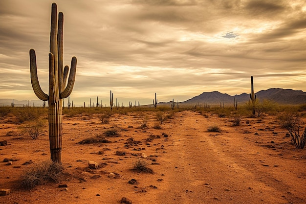 Um cacto verde sob um céu nublado no deserto de Sonora, fora de Tucson, Arizona.