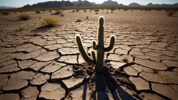 Foto um cactus solitário está em meio a um campo de terra rachada capturando a essência do isolamento