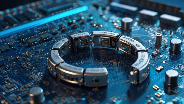 Um cadeado azul brilhante em uma cadeia de prata repousa em uma placa de circuito de computador