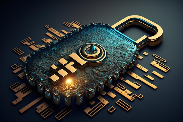 Um cadeado com letras douradas que dizem 'segurança cibernética'