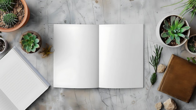 Foto um caderno aberto é colocado em uma mesa de mármore ao lado dele é um livro fechado uma planta e alguns outros objetos o fundo é branco