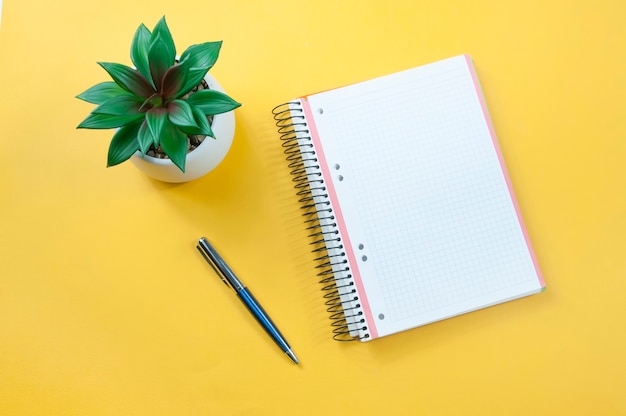 Um caderno aberto vazio, uma caneta e uma flor em um vaso em uma vista superior de fundo amarelo
