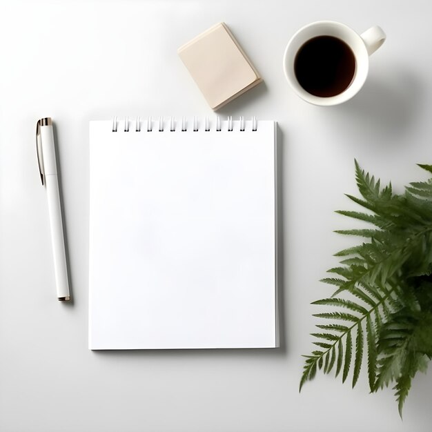 Um caderno branco com uma caneta e uma xícara de café sobre uma mesa.