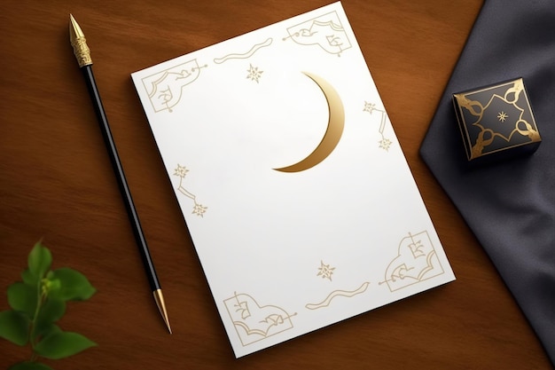 Um caderno com desenho dourado e uma caneta sobre uma mesa.