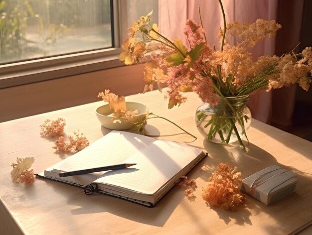 Um caderno com páginas em branco e um lápis sobre a mesa Writer Flowers