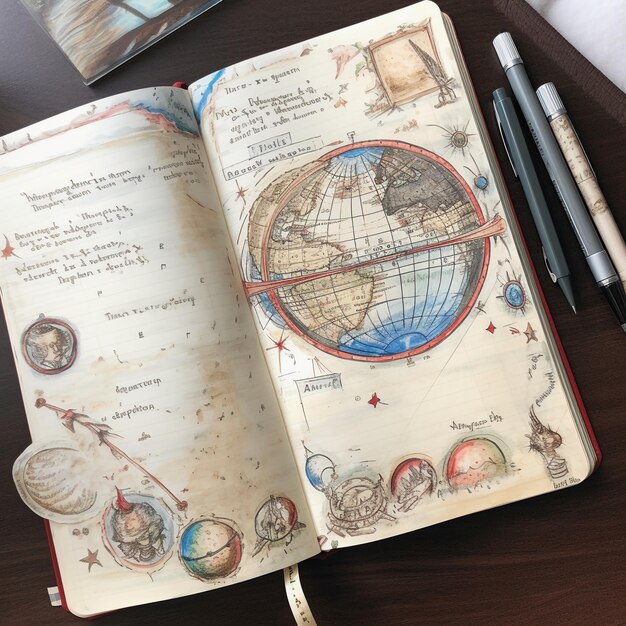 Foto um caderno com um mapa do mundo nele