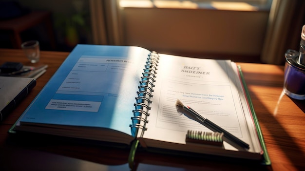 um caderno com uma caneta e uma caneta na mesa