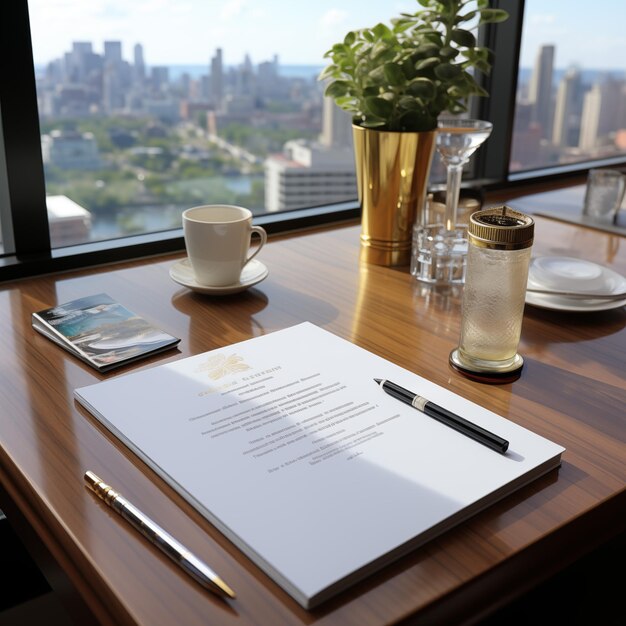 um caderno com uma caneta em cima dele senta-se em uma mesa com uma vista de um horizonte da cidade