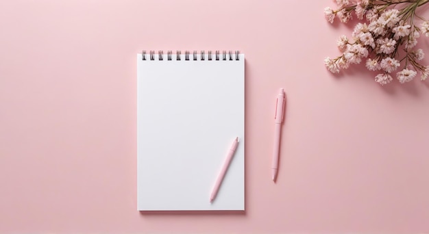 um caderno com uma caneta rosa e uma caneta cor-de-rosa no lado esquerdo