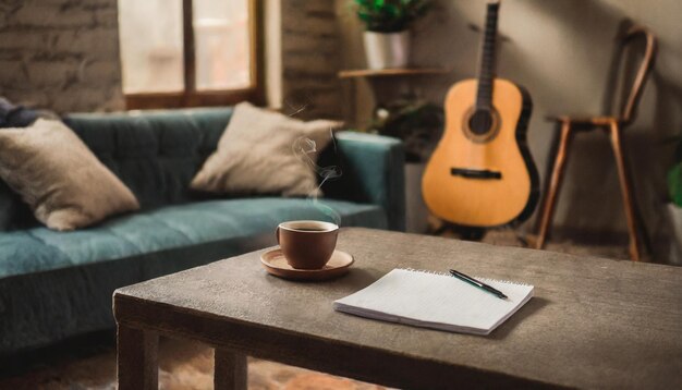 Um caderno de copos de café e uma guitarra acústica na mesa.
