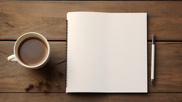 um caderno em branco ao lado de uma xícara de café e um lápis no estilo de fundos minimalistas