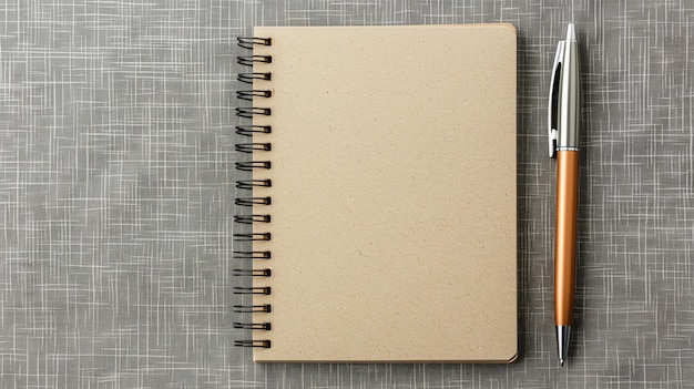 Um caderno em branco com uma encadernação em espiral e uma caneta elegante repousa sobre um fundo cinza texturizado