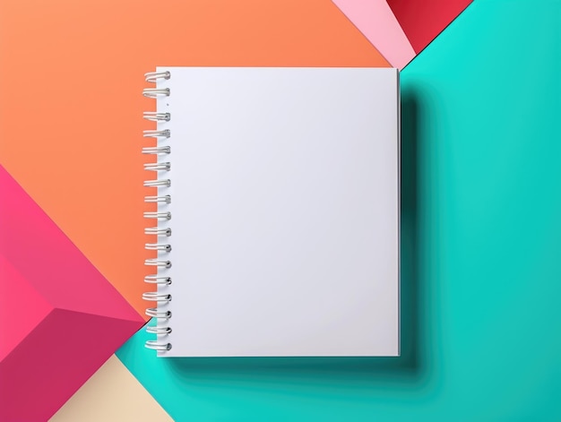 Um caderno em espiral em um modelo de caderno de fundo colorido em padrão de papel geométrico
