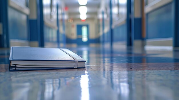 Um caderno está no chão de um corredor vazio da escola o caderno é azul com uma encadernação em espiral branca o corredor é longo e brilhantemente iluminado