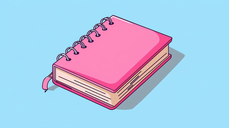 Foto um caderno rosa com uma encadernação em espiral o caderno está fechado e tem um marcador rosa o caderno está sentado em um fundo azul