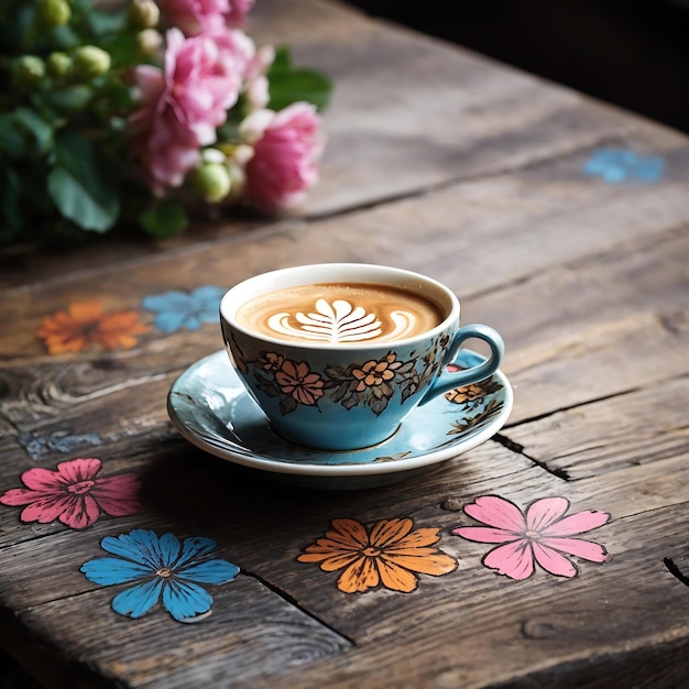 Um café bebido com padrão de flor em uma velha mesa de madeira Ai Gerado