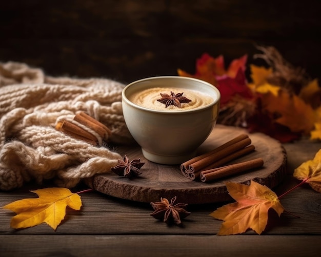 Um café cappuccino com arranjo de outono de especiarias e espaço para cópia na mesa de madeira Generative AI