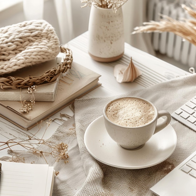 Um café cappuccino numa mesa de escritório de estilo boho.