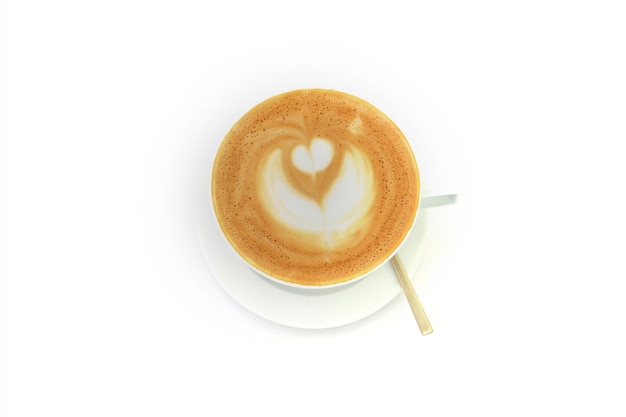 Foto um café capuchino numa chávena branca com um aspecto fresco e um fundo branco