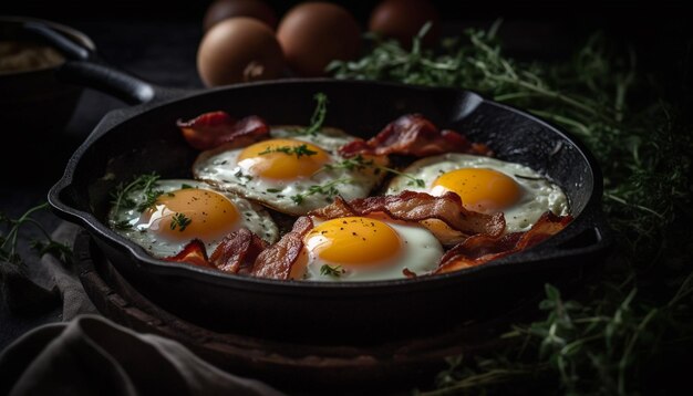 Um café da manhã com ovos e bacon