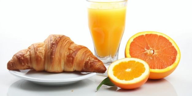Um café da manhã com suco de laranja e croissants