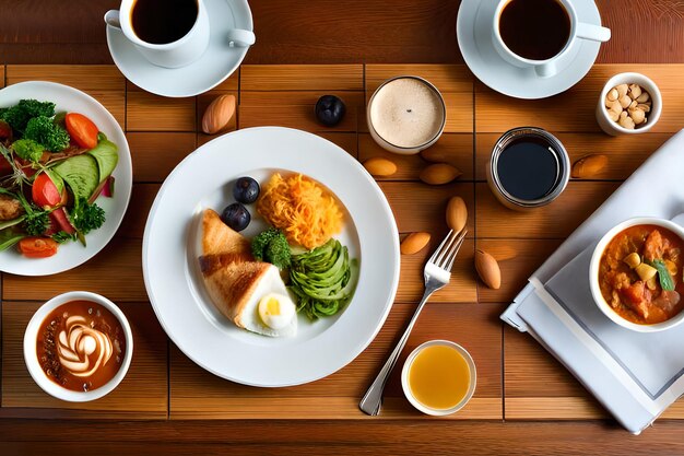 Foto um café da manhã com um prato de comida e café.